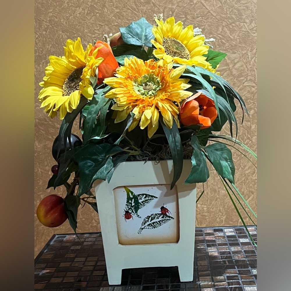 Sunflower & Orange Blossoms in Decorative Planter